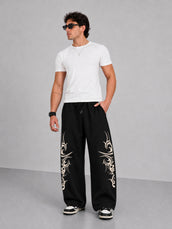 Gothic Print Black Barrel Fit Pant