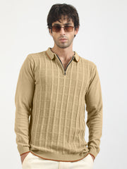 Vintage Vent Beige Flatknit Cotton Full Sleeve Polo T-Shirt