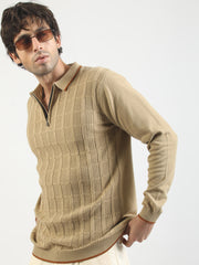 Vintage Vent Beige Flatknit Cotton Full Sleeve Polo T-Shirt