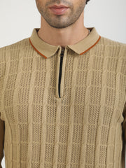 Vintage Vent Beige Flatknit Cotton Full Sleeve Polo T-Shirt