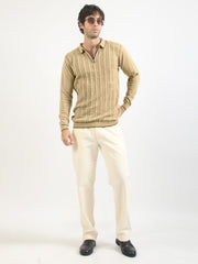 Vintage Vent Beige Flatknit Cotton Full Sleeve Polo T-Shirt