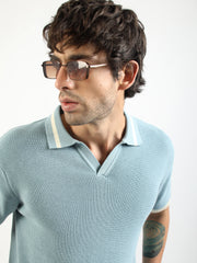 Aqua Blue Mistline Flat-Knit Half-Sleeve Polo T-Shirt