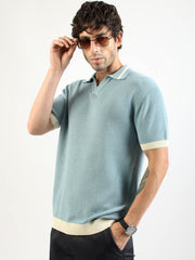 Aqua Blue Mistline Flat-Knit Half-Sleeve Polo T-Shirt