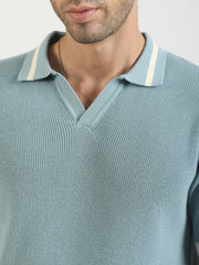 Aqua Blue Mistline Flat-Knit Half-Sleeve Polo T-Shirt