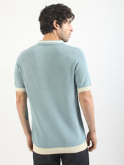 Aqua Blue Mistline Flat-Knit Half-Sleeve Polo T-Shirt