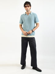 Aqua Blue Mistline Flat-Knit Half-Sleeve Polo T-Shirt