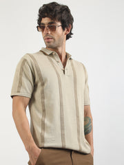 Biscuit Boston Stripes Flat-Knit Half Sleeve Polo T-Shirt