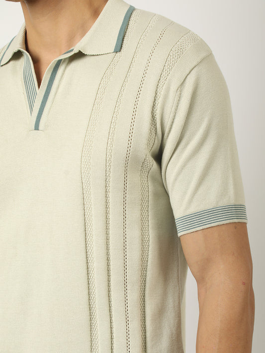 Pointelle Biscuit Flat-Knit Half Sleeve Polo T-Shirt