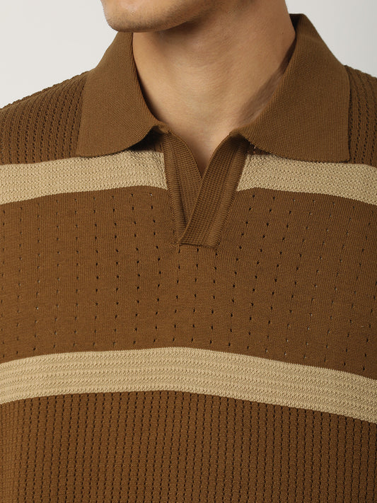 Desert Mesh Brown Flat-Knit Half Sleeve Polo T-Shirt