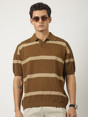 Desert Mesh Brown Flat-Knit Half Sleeve Polo T-Shirt