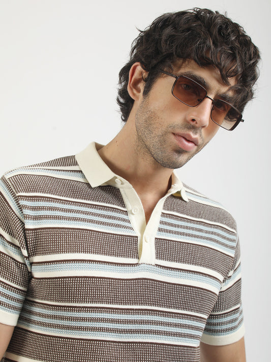 Brown Flat-Knit Half-Sleeve Polo T-Shirt with Signal Stripe