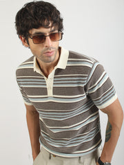 Brown Flat-Knit Half-Sleeve Polo T-Shirt with Signal Stripe