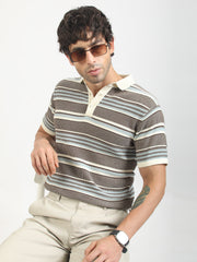 Brown Flat-Knit Half-Sleeve Polo T-Shirt with Signal Stripe