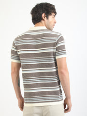 Brown Flat-Knit Half-Sleeve Polo T-Shirt with Signal Stripe