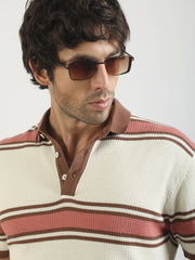 Cream Madrid Stripe Flat-Knit Half Sleeve Polo T-Shirt