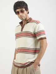Cream Madrid Stripe Flat-Knit Half Sleeve Polo T-Shirt
