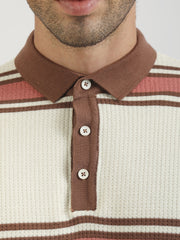 Cream Madrid Stripe Flat-Knit Half Sleeve Polo T-Shirt