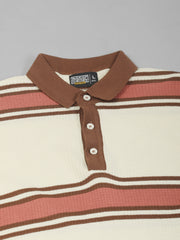 Cream Madrid Stripe Flat-Knit Half Sleeve Polo T-Shirt
