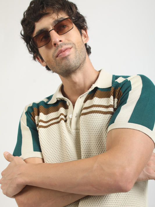 Cream Espresso Panel Flat-Knit Half Sleeve Polo T-Shirt
