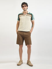 Cream Espresso Panel Flat-Knit Half Sleeve Polo T-Shirt