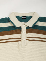 Cream Espresso Panel Flat-Knit Half Sleeve Polo T-Shirt