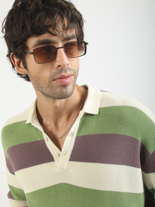 Cream Hawaii Stripes Flat-Knit Half Sleeve Polo T-Shirt