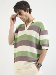 Cream Hawaii Stripes Flat-Knit Half Sleeve Polo T-Shirt