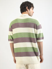 Cream Hawaii Stripes Flat-Knit Half Sleeve Polo T-Shirt