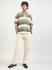 Cream Hawaii Stripes Flat-Knit Half Sleeve Polo T-Shirt