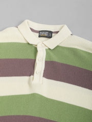 Cream Hawaii Stripes Flat-Knit Half Sleeve Polo T-Shirt