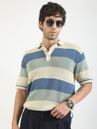 Monaco Stripe Flat-Knit Half Sleeve Polo T-Shirt – Cream & Denim Blue