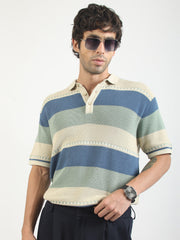 Monaco Stripe Flat-Knit Half Sleeve Polo T-Shirt – Cream & Denim Blue