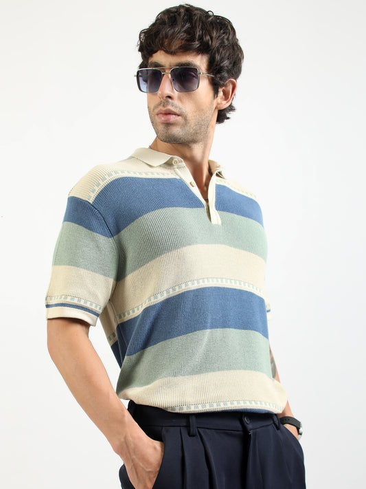 Monaco Stripe Flat-Knit Half Sleeve Polo T-Shirt – Cream & Denim Blue