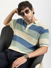 Monaco Stripe Flat-Knit Half Sleeve Polo T-Shirt – Cream & Denim Blue