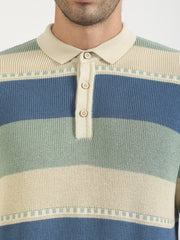 Monaco Stripe Flat-Knit Half Sleeve Polo T-Shirt – Cream & Denim Blue