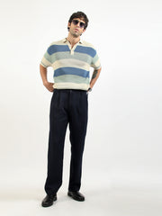 Monaco Stripe Flat-Knit Half Sleeve Polo T-Shirt – Cream & Denim Blue