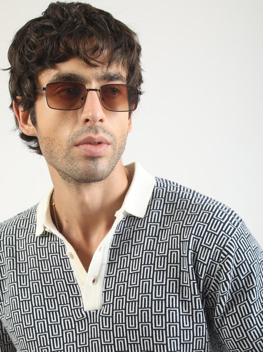 Maze Jacquard Flat-Knit Polo T-Shirt – Cream & Dark Navy