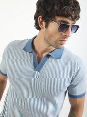 Denim Blue Pixel Stripe Flat-Knit Half Sleeve Polo T-Shirt