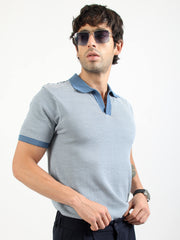 Denim Blue Pixel Stripe Flat-Knit Half Sleeve Polo T-Shirt