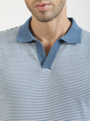 Denim Blue Pixel Stripe Flat-Knit Half Sleeve Polo T-Shirt