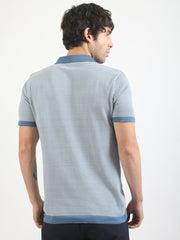 Denim Blue Pixel Stripe Flat-Knit Half Sleeve Polo T-Shirt