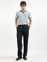 Denim Blue Pixel Stripe Flat-Knit Half Sleeve Polo T-Shirt