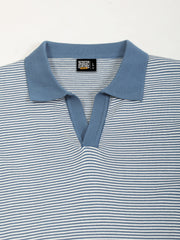 Denim Blue Pixel Stripe Flat-Knit Half Sleeve Polo T-Shirt