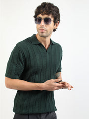 Dark Green Evergreen Flat-Knit Half Sleeve Polo T-Shirt