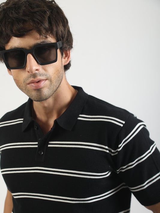 Black Precision Stripe Flat-Knit Half Sleeve Polo T-Shirt