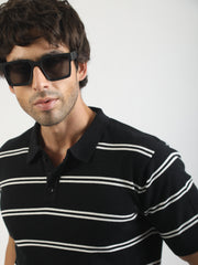 Black Precision Stripe Flat-Knit Half Sleeve Polo T-Shirt