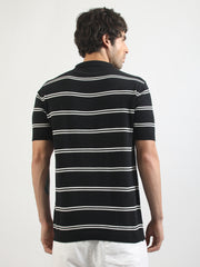 Black Precision Stripe Flat-Knit Half Sleeve Polo T-Shirt