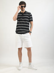 Black Precision Stripe Flat-Knit Half Sleeve Polo T-Shirt