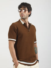 Terra Cotta Cotton Flatknit Brown Half Sleeve Polo T-Shirt