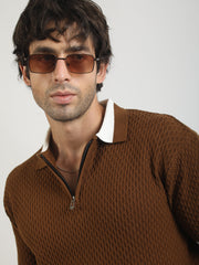 Terra Cotta Cotton Flatknit Brown Half Sleeve Polo T-Shirt